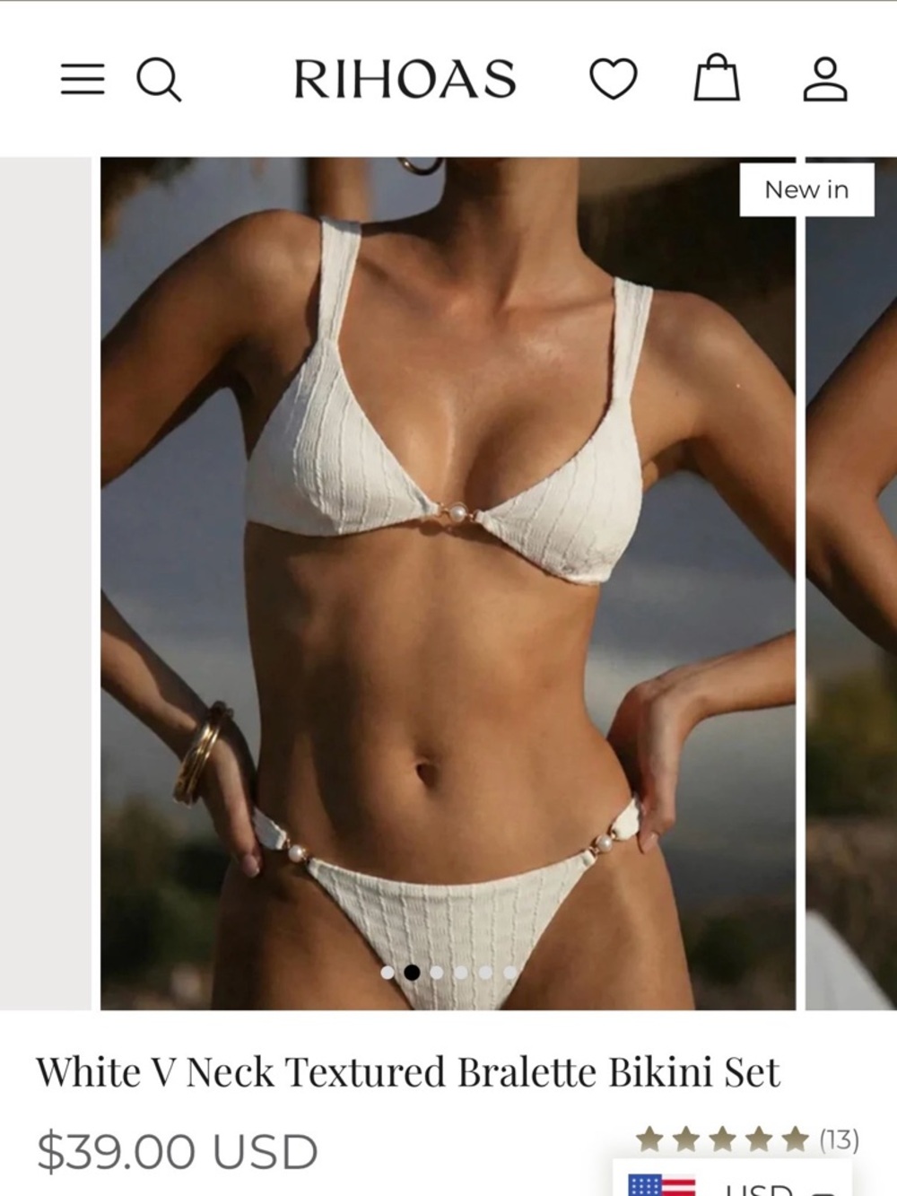 RIHOAS White V-Neck Textured Bralette Bikini Set Small NWT
